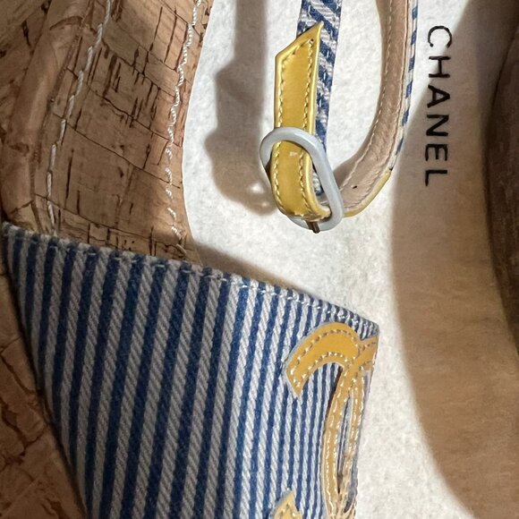 CHANEL Resort Cork Wedges Blue Striped Yellow CC Ankle Strap Shoes 36 6 - Picture 10 of 16
